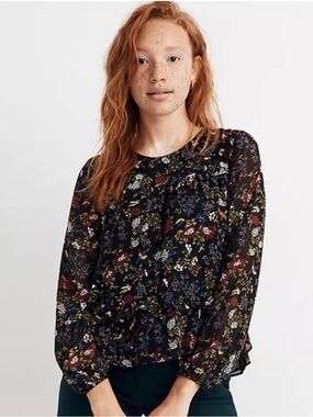 Madewell Black Boho Sheer Sleeve Peplum Top in Finch Floral Bird